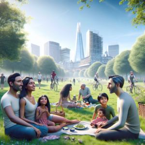 Familia haciendo picnic en un espacio verde de Londres