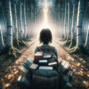 Leila en el bosque con mochila llena de libros