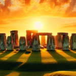 Stonehenge al atardecer, con un brillo anaranjado