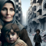 Doaa Ulyan junto a sus hijos en las calles de Gaza